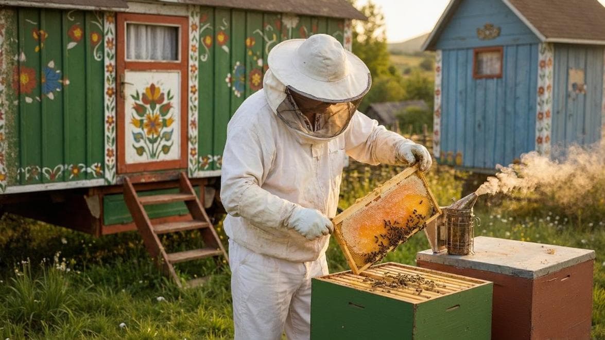 Apicultorul recoltând mierea